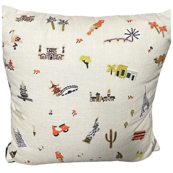 Rifle‎ Paper Throw Pillow Wanderlust Landmark Loloi Pillow 18x18 Embroidered - Picture 2 of 9